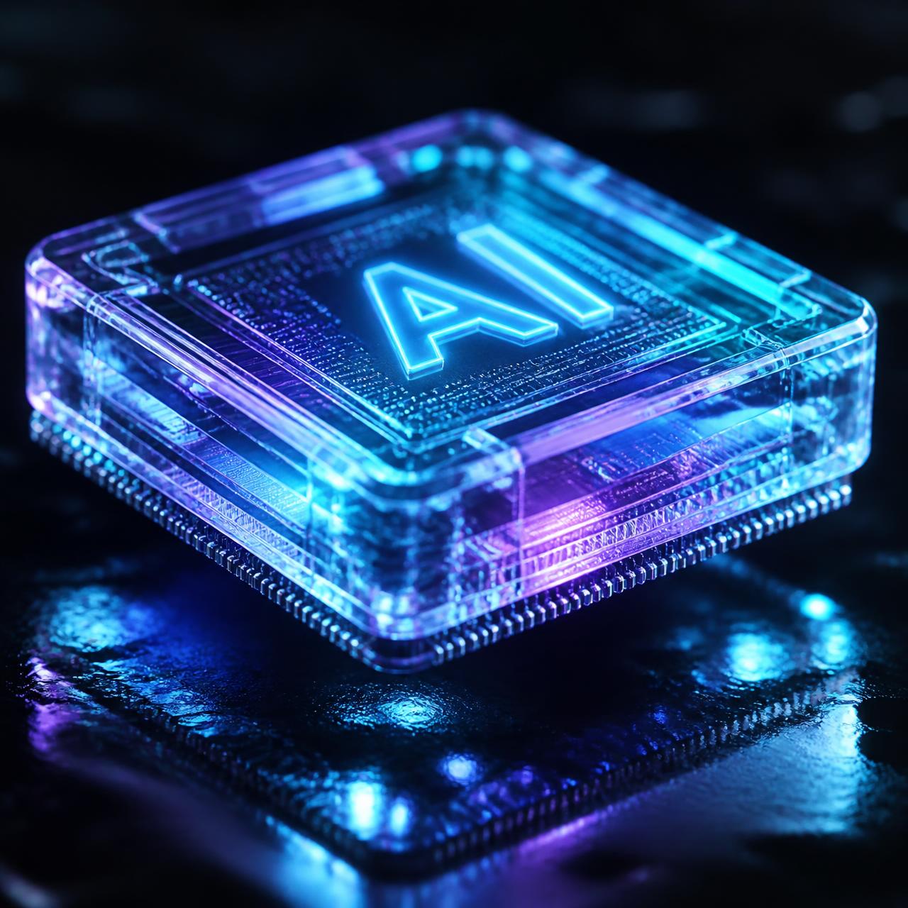 Translucent AI processor rendered in glass