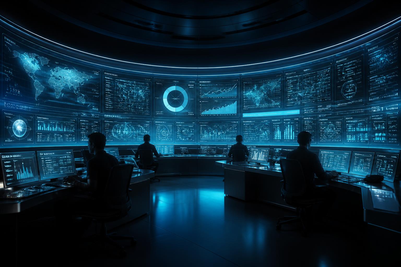 Enterprise operations command center with holographic dashboards