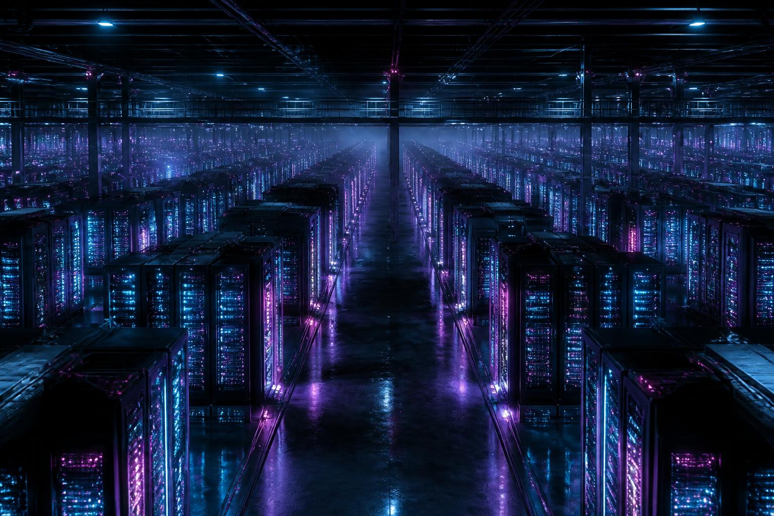 Neon-lit AI data center corridor
